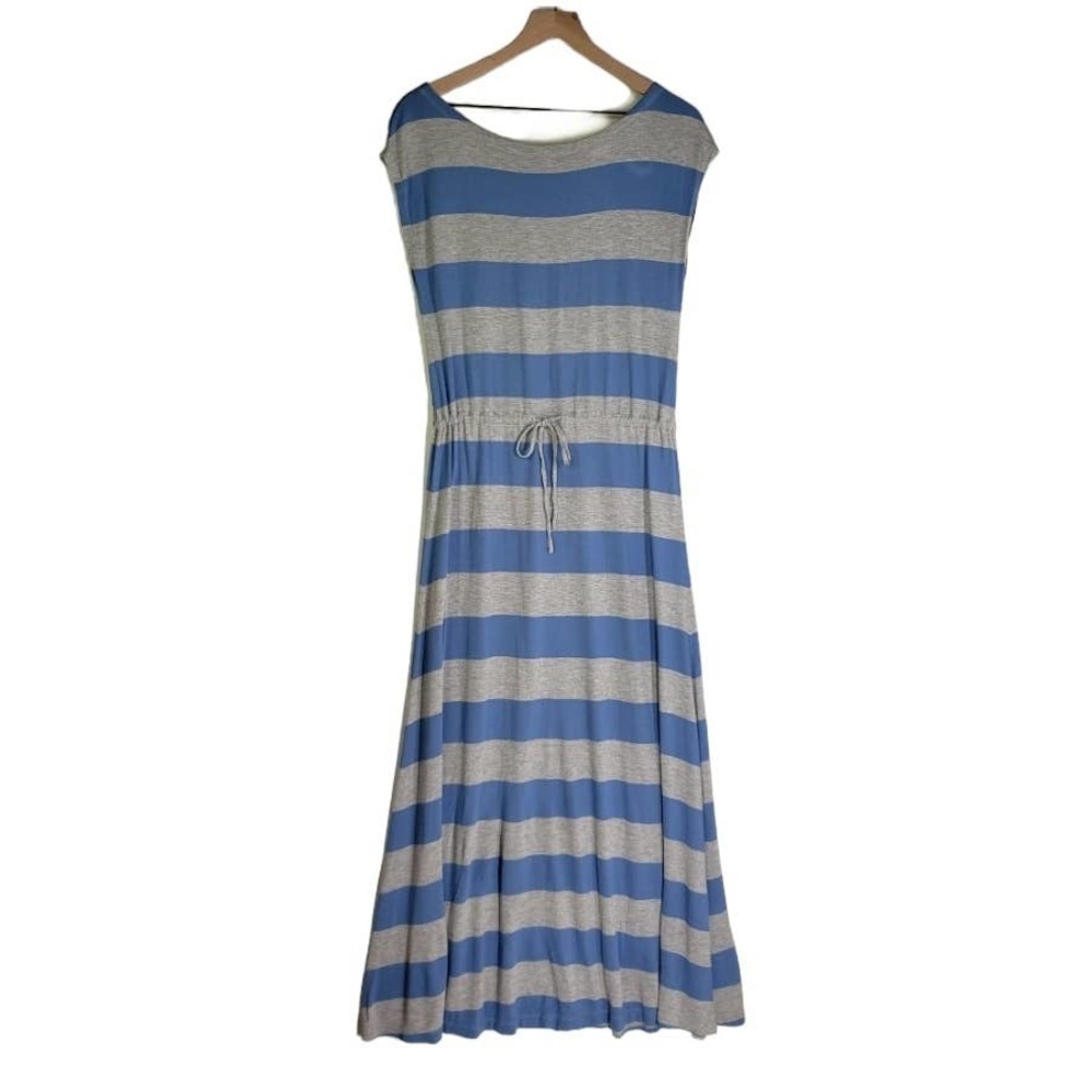 Gap Rugby Stripe Jersey Knit Dress SP‎ Blue Grey Scoop Back Drawstring Waist
